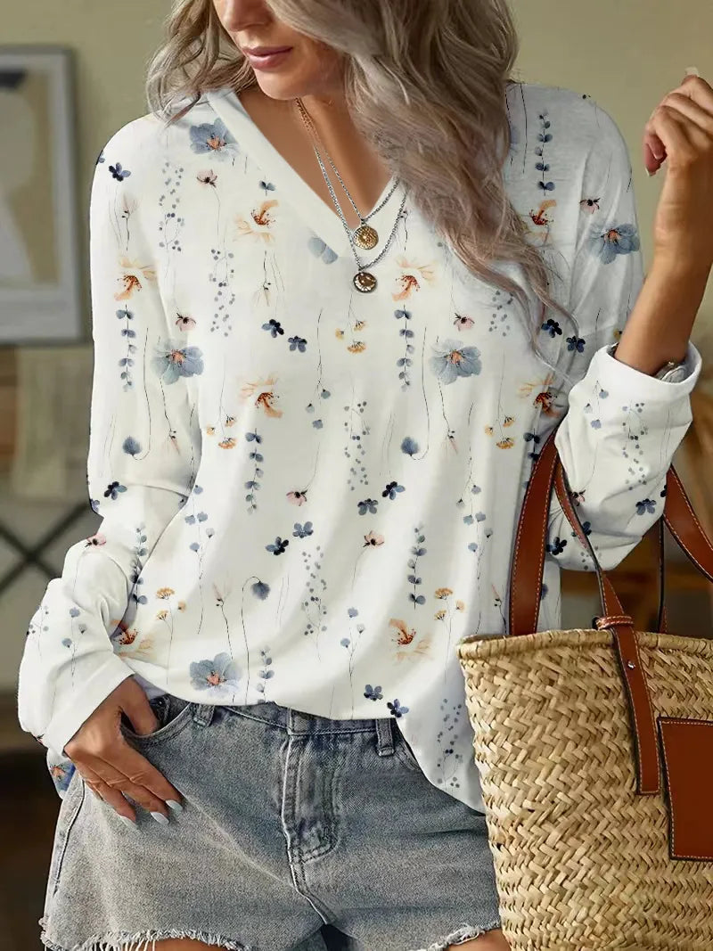 Women's blouse – Loose fit – V-neck – Long sleeves – Floral pattern – Breathable fabric