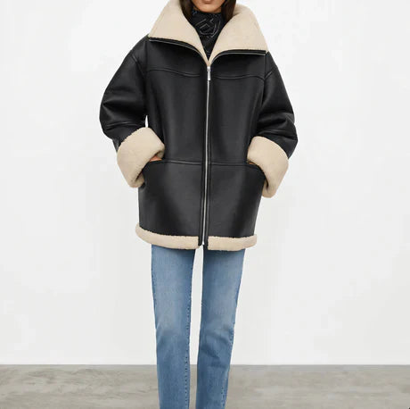 Veste femme – Coupe oversize décontractée – Doublure douce – Col tailleur zippé – Longueur hanches