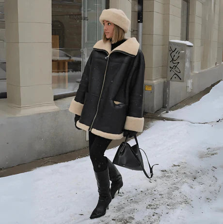 Veste femme – Coupe oversize décontractée – Doublure douce – Col tailleur zippé – Longueur hanches