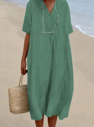 Robe femme ample – tissu respirant – manches courtes – col en V – coupe midi fluide