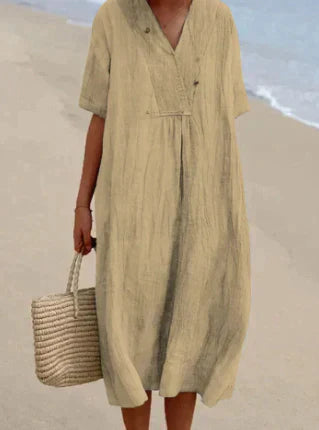 Robe femme ample – tissu respirant – manches courtes – col en V – coupe midi fluide