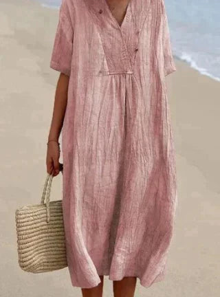 Robe femme ample – tissu respirant – manches courtes – col en V – coupe midi fluide