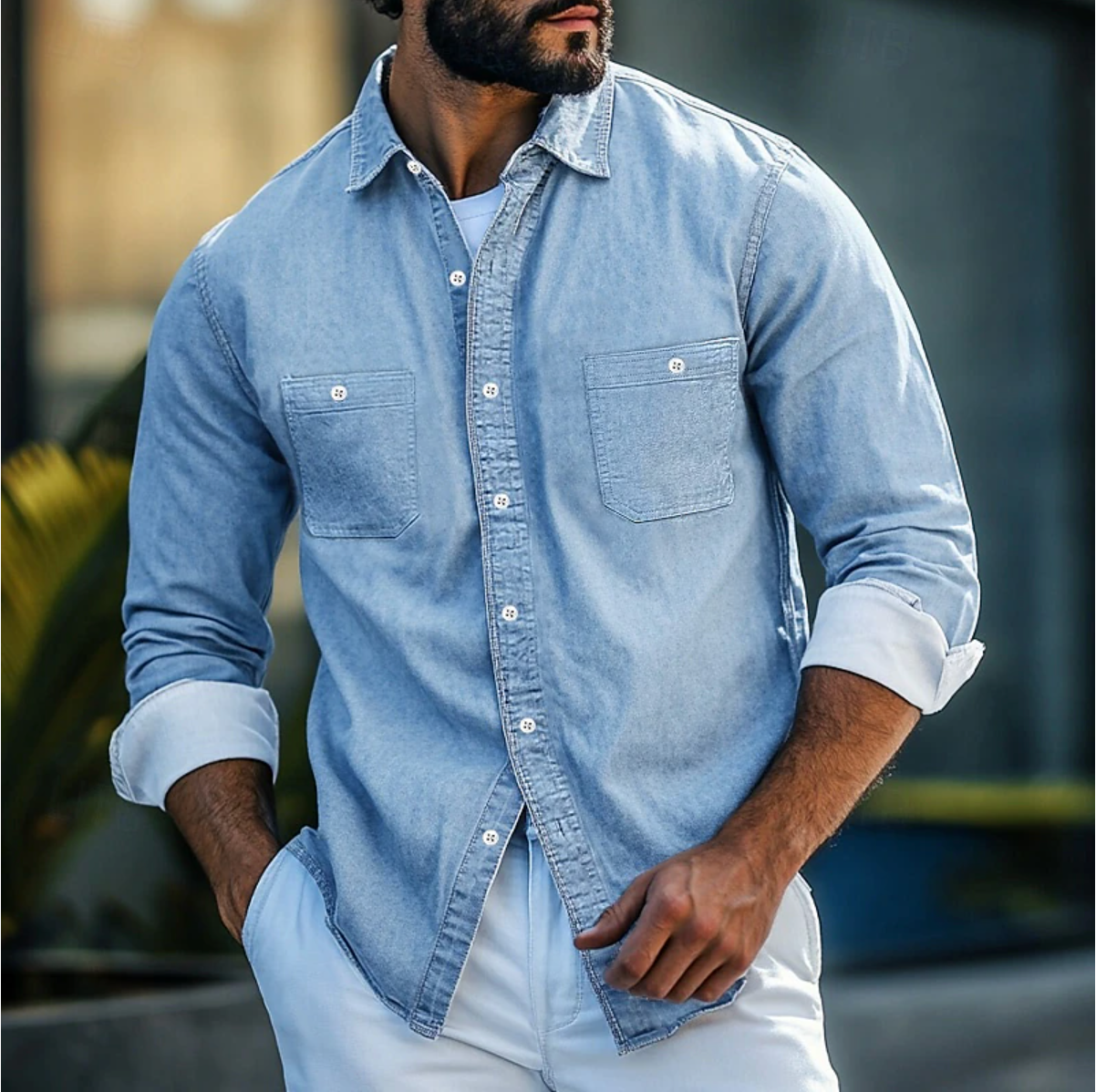 Men's denim shirt – Regular fit – Long sleeves – Chest pockets with buttons
