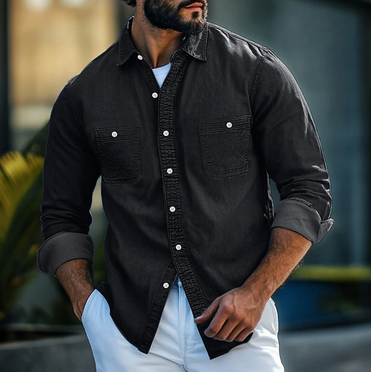 Men's denim shirt – Regular fit – Long sleeves – Chest pockets with buttons