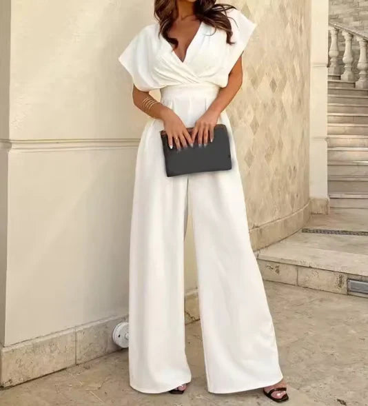 Women's jumpsuit – Fitted waist – V-neck – Ruffled sleeves – Wide legs