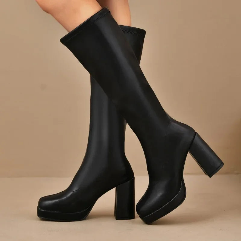 Bottes femme cuissardes – Talon bloc – Semelle plateforme – Coupe ajustée moderne