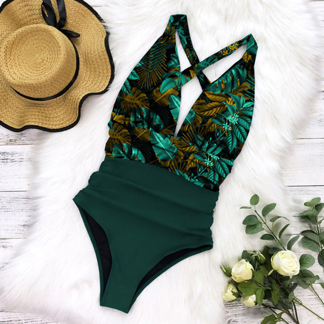 Women's one-piece swimsuit – Plunging neckline – Open back – Ruched waist – Stretch fabric