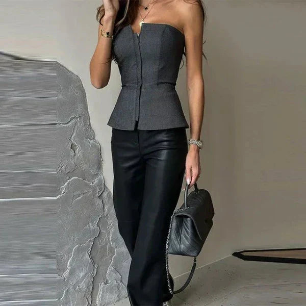 Top women's bustier – Fitted cut – Zipped closure – Peplum hem – Smooth fabric
