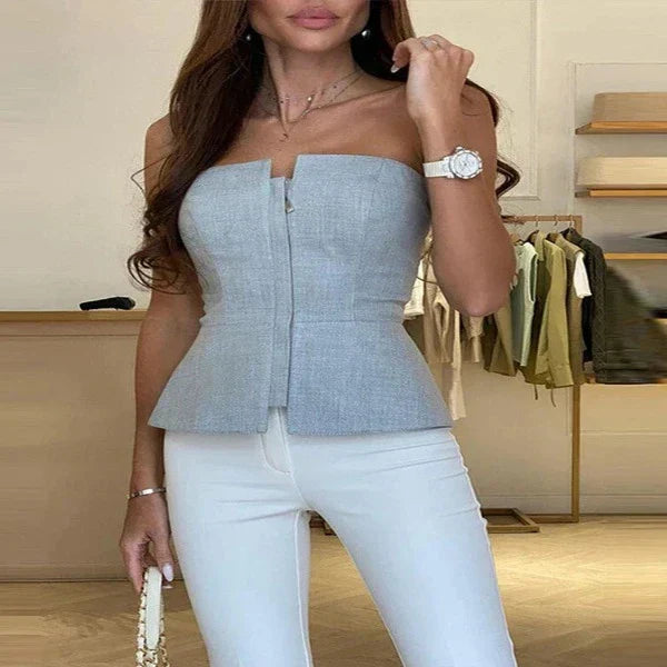 Top women's bustier – Fitted cut – Zipped closure – Peplum hem – Smooth fabric