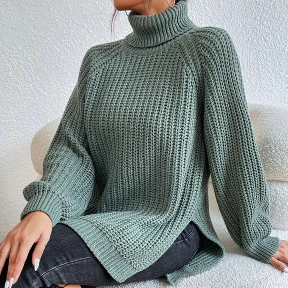 Pull femme à col roulé – Maille côtelée – Coupe ample – Manches longues confortables