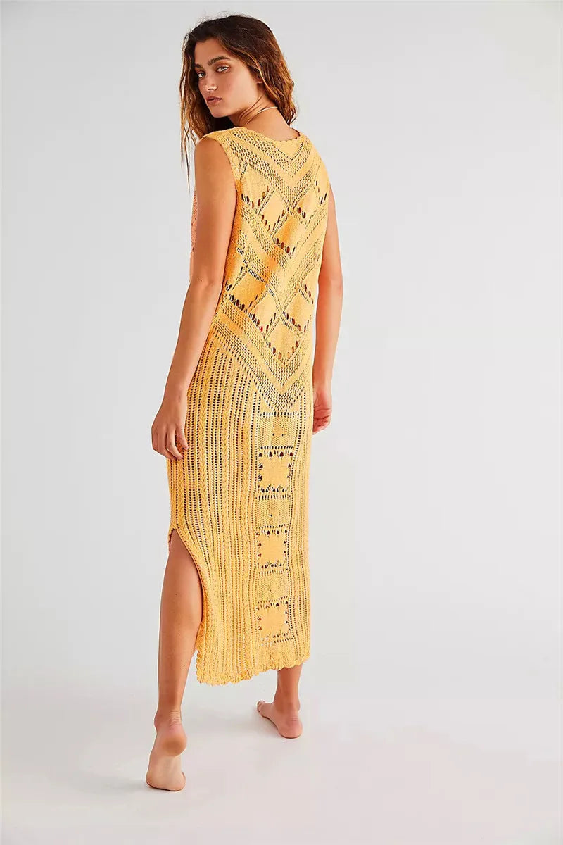 Robe femme midi – Coupe décontractée – Maille ajourée – Col en V – Fente latérale