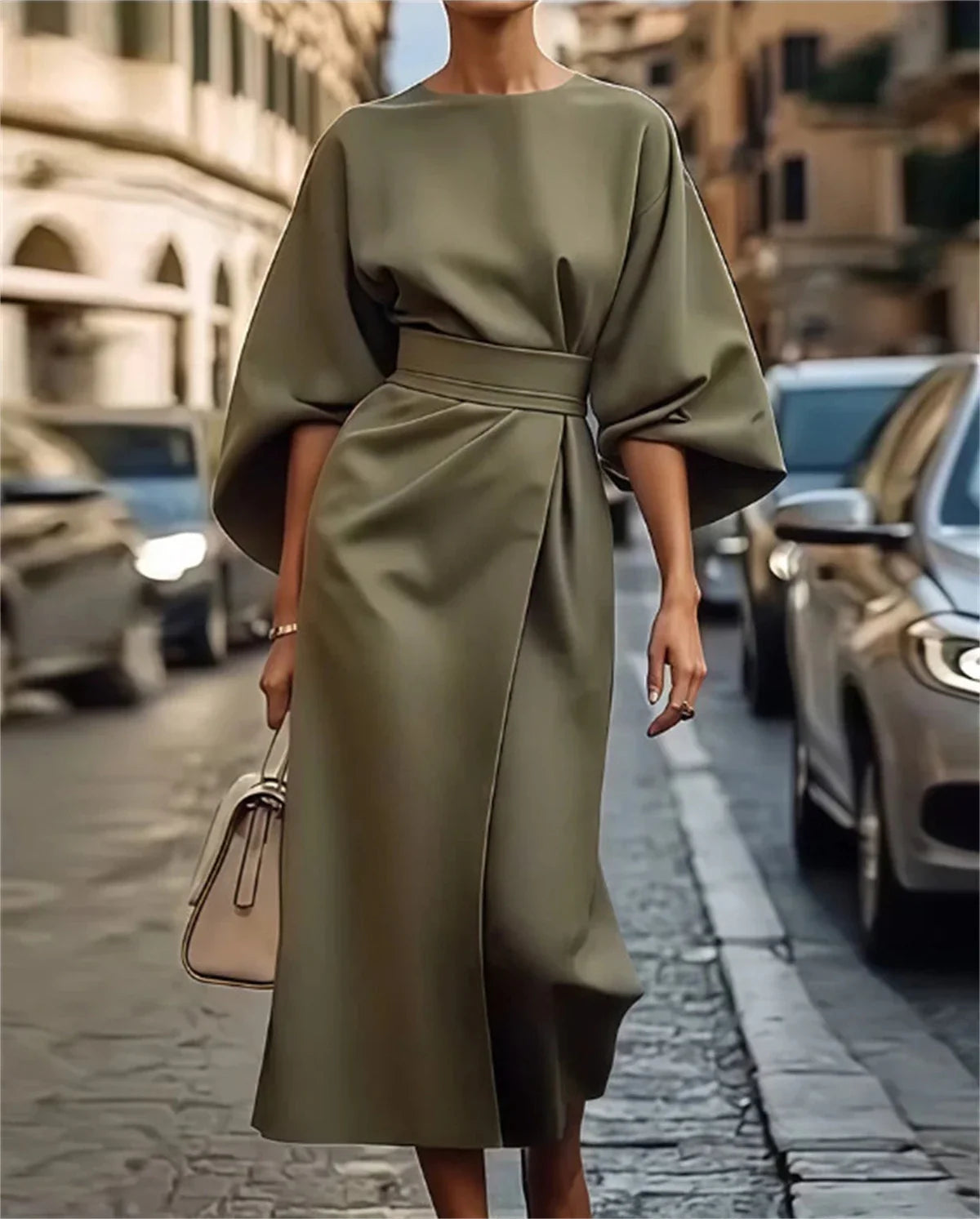 Robe midi femme – Coupe évasée structurée – Taille ceinturée – Manches évasées