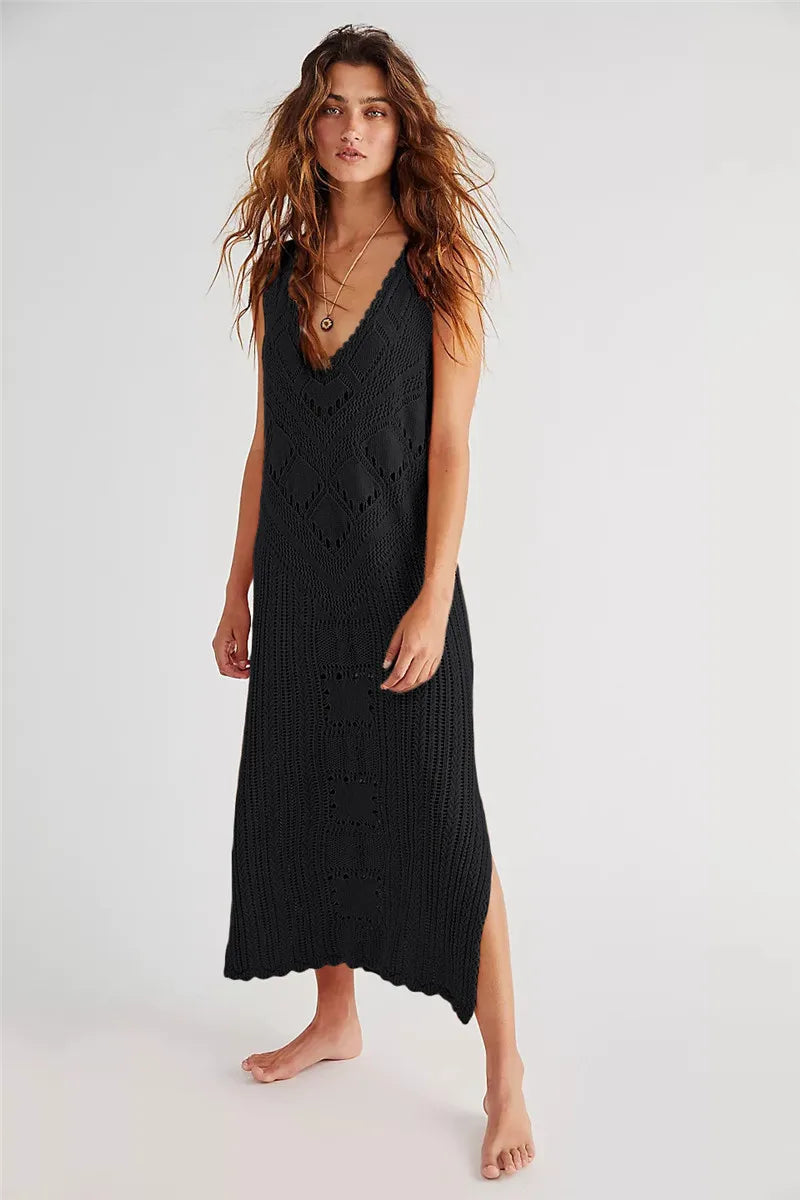 Robe femme midi – Coupe décontractée – Maille ajourée – Col en V – Fente latérale