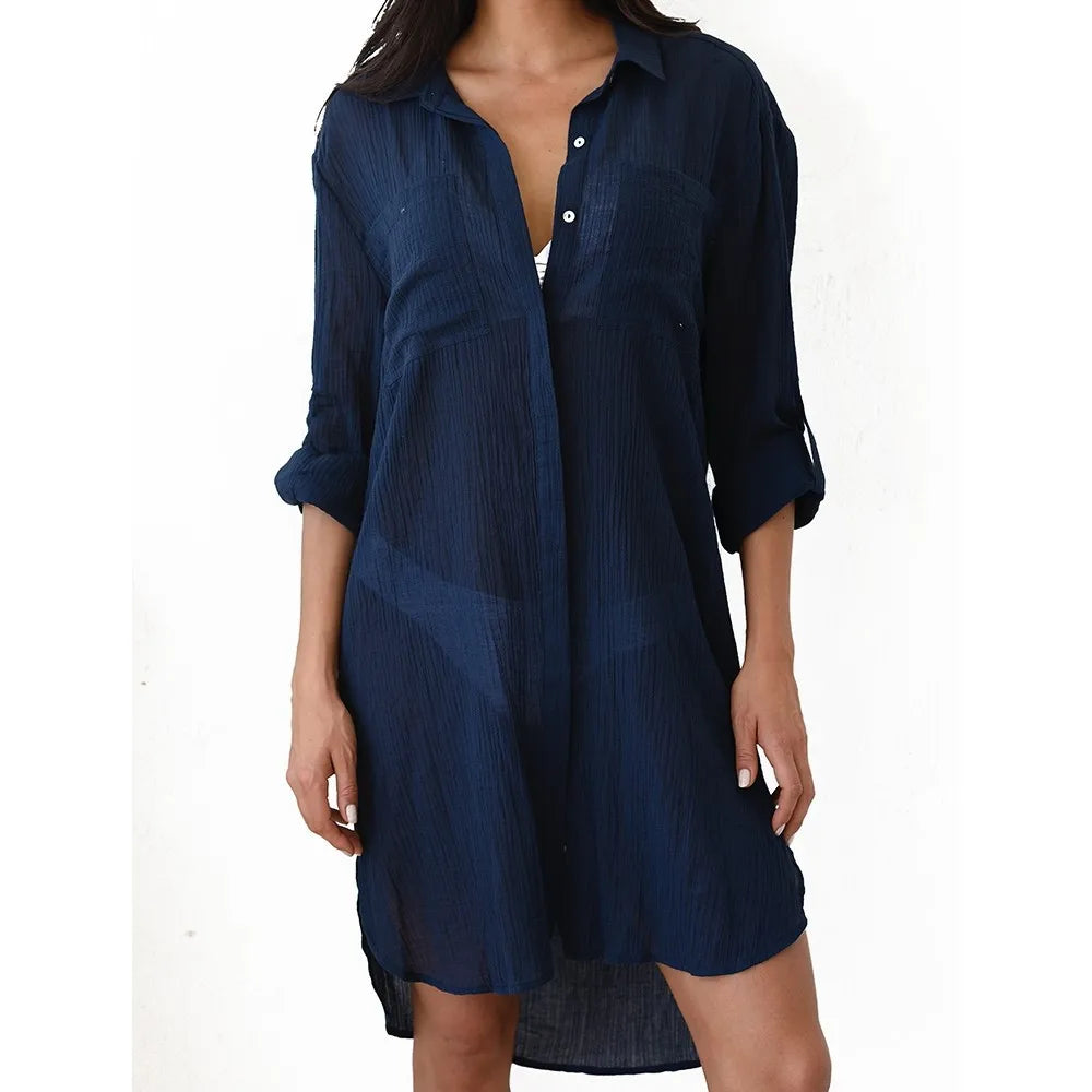 Women's Beach Dress – Relaxed Fit – Semi-Transparent Fabric – Buttoned – Long Sleeves Rolled Up