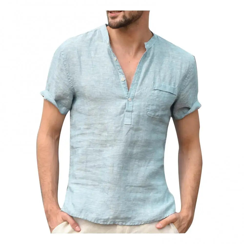 Men's T-shirt – Relaxed fit – Natural fibers – Mao collar – Buttoned placket