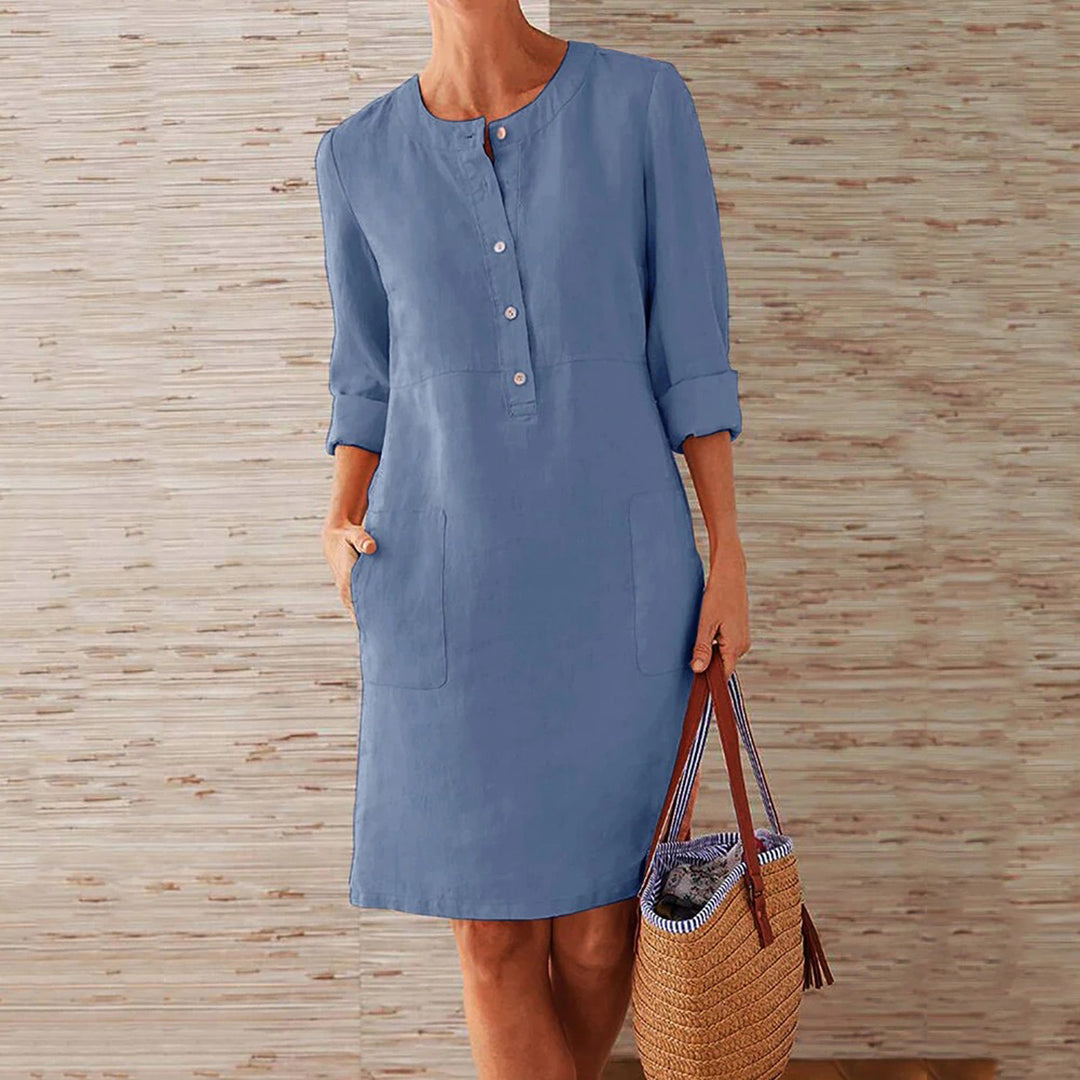 Robe femme – Coupe décontractée – Linnen – Manches 3/4 – Boutonnée – Poches