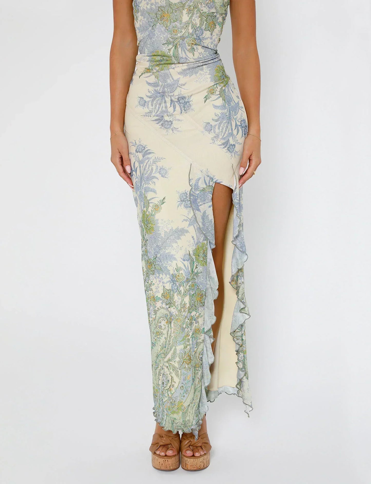 Robe longue femme – Sans bretelles – Imprimé fleuri – Fente haute – Tissu fluide