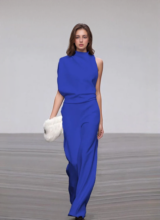 Women's trouser jumpsuit – Sleeveless – Elegant flowing fabric – High neckline