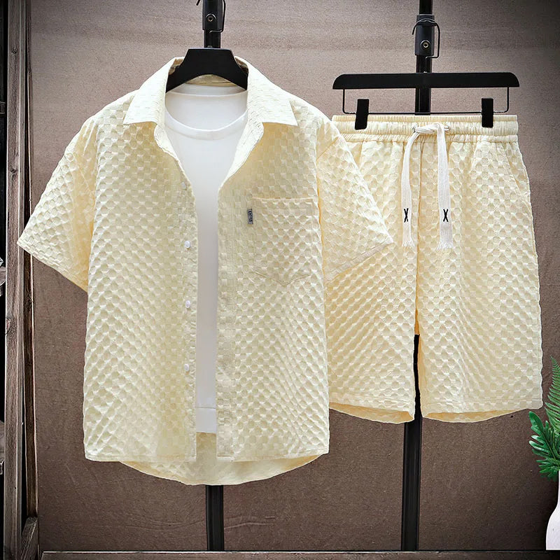 Men's streetwear set – Button-up shirt relaxed fit – Drawstring shorts – Breathable textured fabric