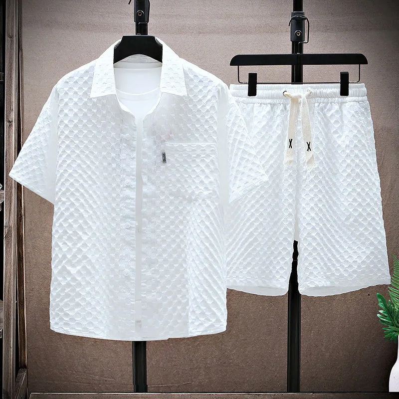 Men's streetwear set – Button-up shirt relaxed fit – Drawstring shorts – Breathable textured fabric