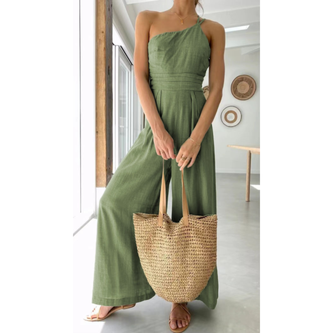 Women's Jumpsuit – Fitted Cut – Flared Legs – Asymmetrical Neckline – Breathable Fabric