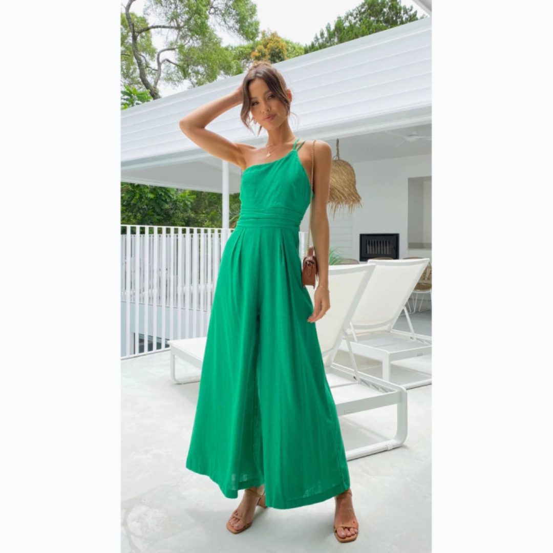 Women's Jumpsuit – Fitted Cut – Flared Legs – Asymmetrical Neckline – Breathable Fabric