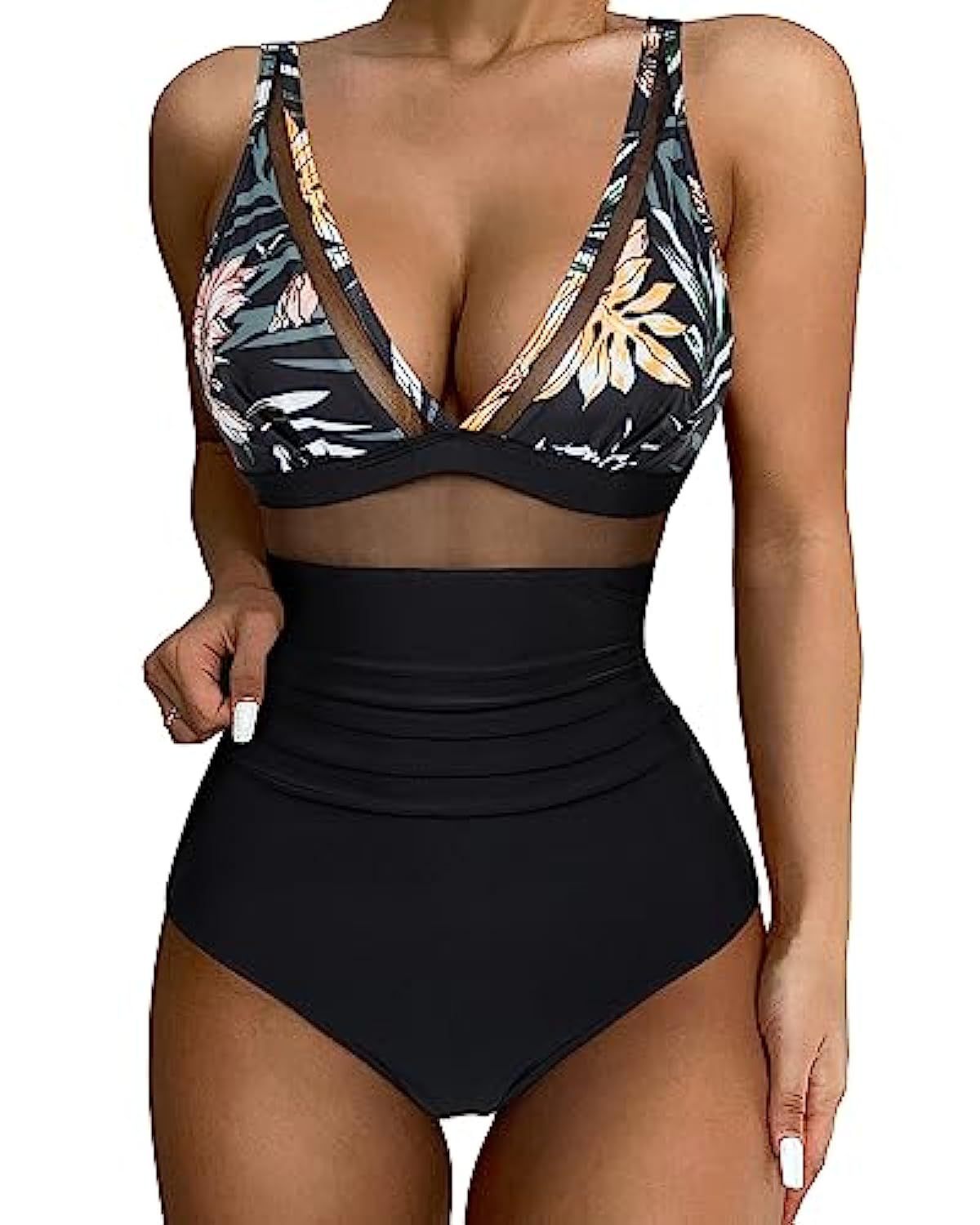 Women's swimsuit – Plunging neckline – Mesh details – High-cut fit