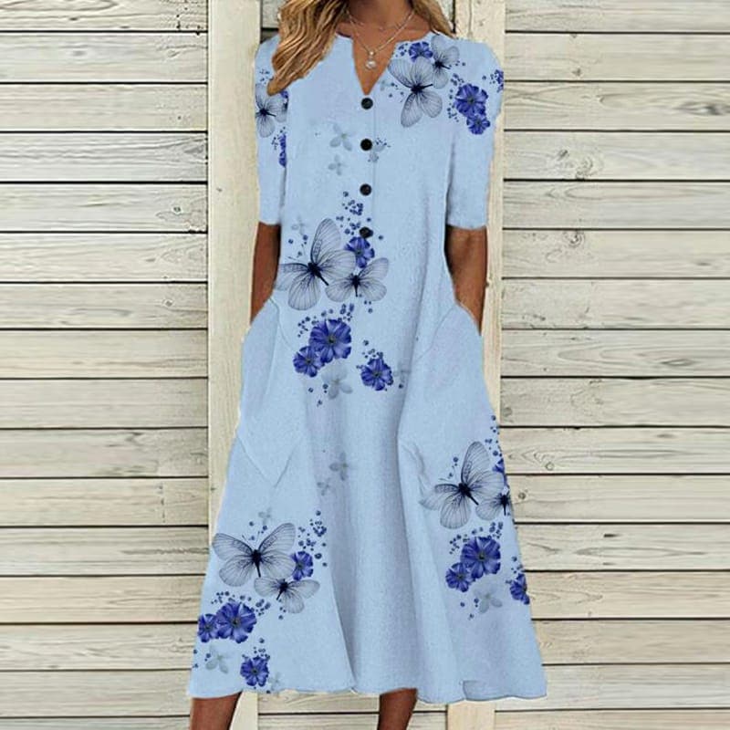 Women's midi dress – Loose fit – Butterfly floral print – Breathable fabric – Short sleeves – Buttoned – V-neck – With pockets