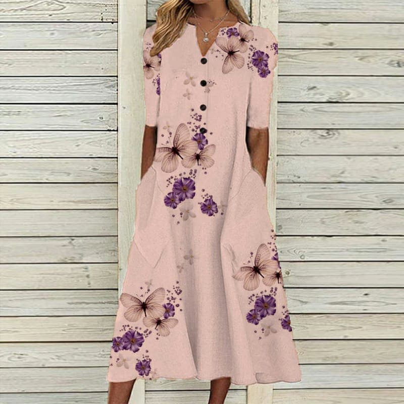 Women's midi dress – Loose fit – Butterfly floral print – Breathable fabric – Short sleeves – Buttoned – V-neck – With pockets