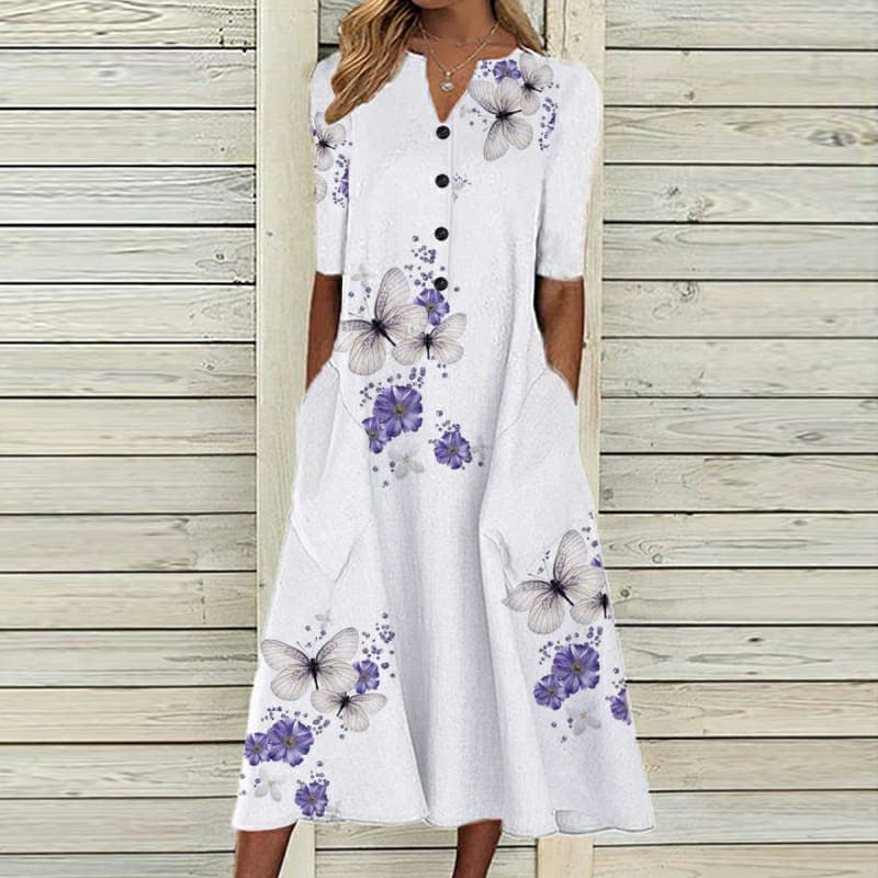 Women's midi dress – Loose fit – Butterfly floral print – Breathable fabric – Short sleeves – Buttoned – V-neck – With pockets