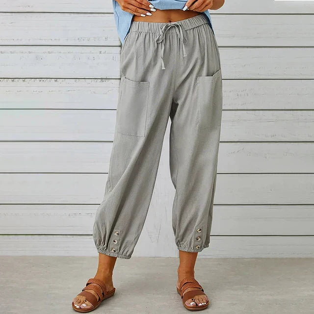 Women's casual pants – Loose fit – Breathable fabric – Elastic waist – Buttoned ankles