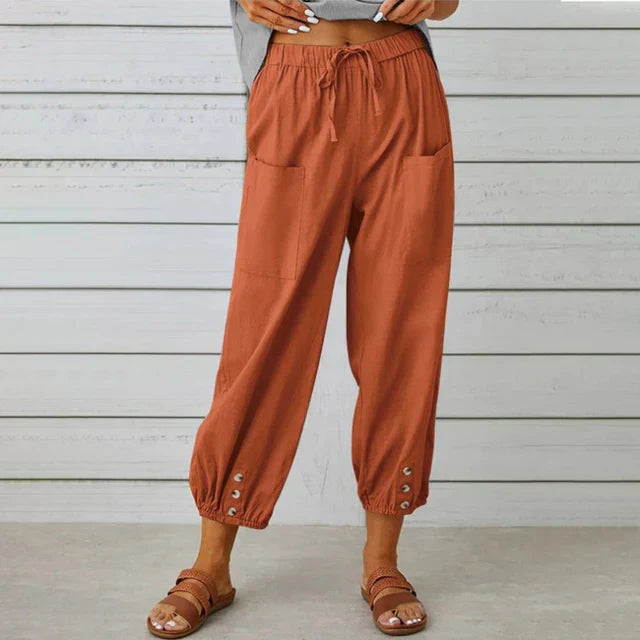 Women's casual pants – Loose fit – Breathable fabric – Elastic waist – Buttoned ankles