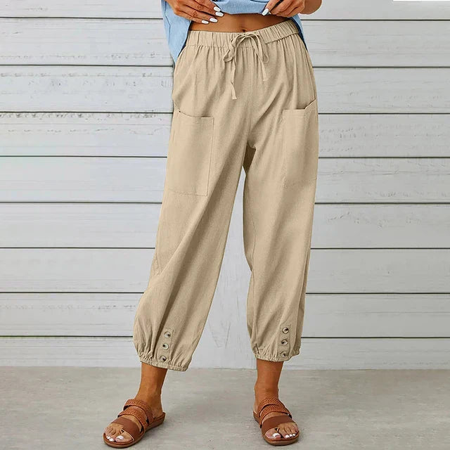 Women's casual pants – Loose fit – Breathable fabric – Elastic waist – Buttoned ankles