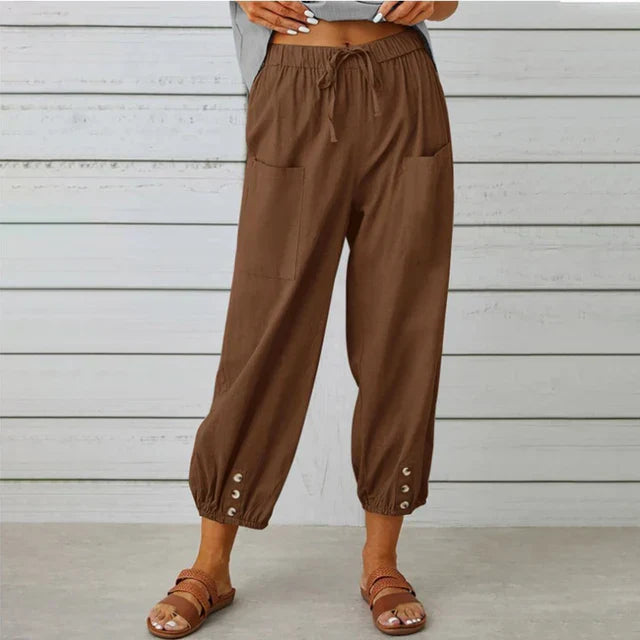 Women's casual pants – Loose fit – Breathable fabric – Elastic waist – Buttoned ankles