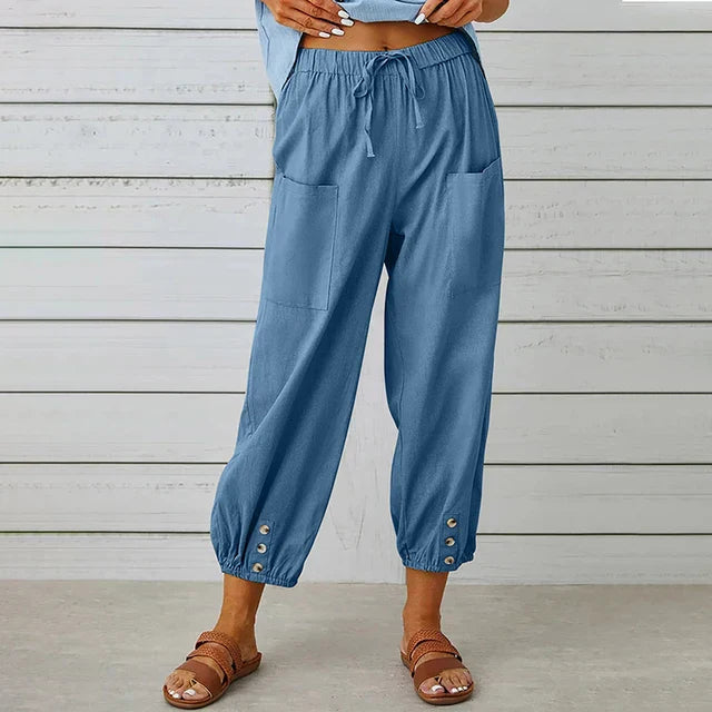 Women's casual pants – Loose fit – Breathable fabric – Elastic waist – Buttoned ankles