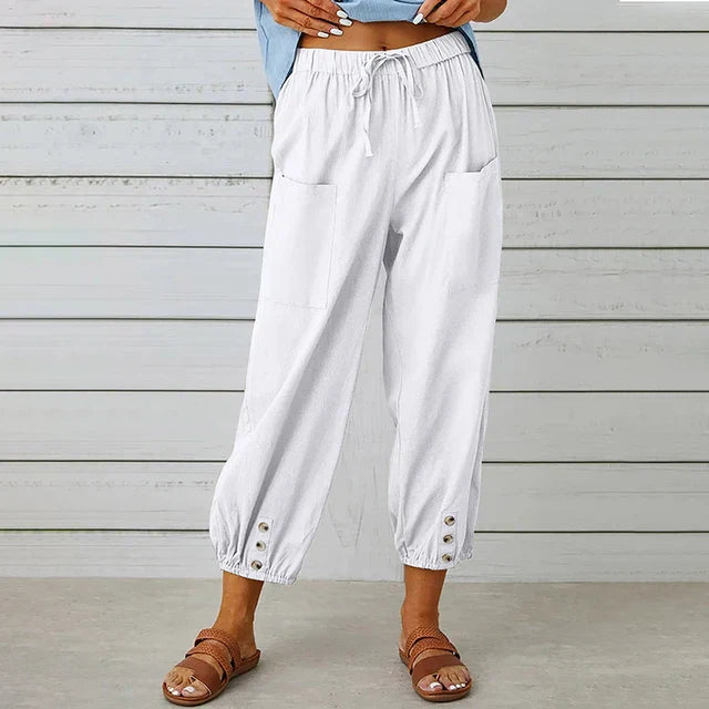 Women's casual pants – Loose fit – Breathable fabric – Elastic waist – Buttoned ankles