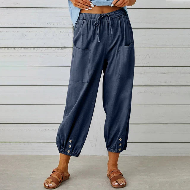 Women's casual pants – Loose fit – Breathable fabric – Elastic waist – Buttoned ankles