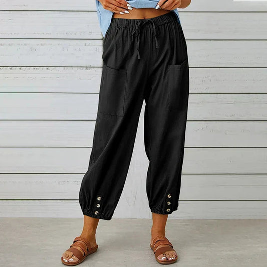 Women's casual pants – Loose fit – Breathable fabric – Elastic waist – Buttoned ankles