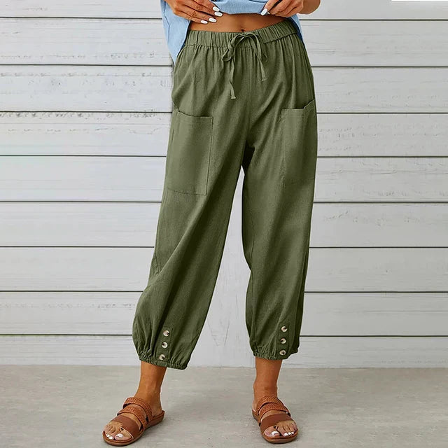 Women's casual pants – Loose fit – Breathable fabric – Elastic waist – Buttoned ankles