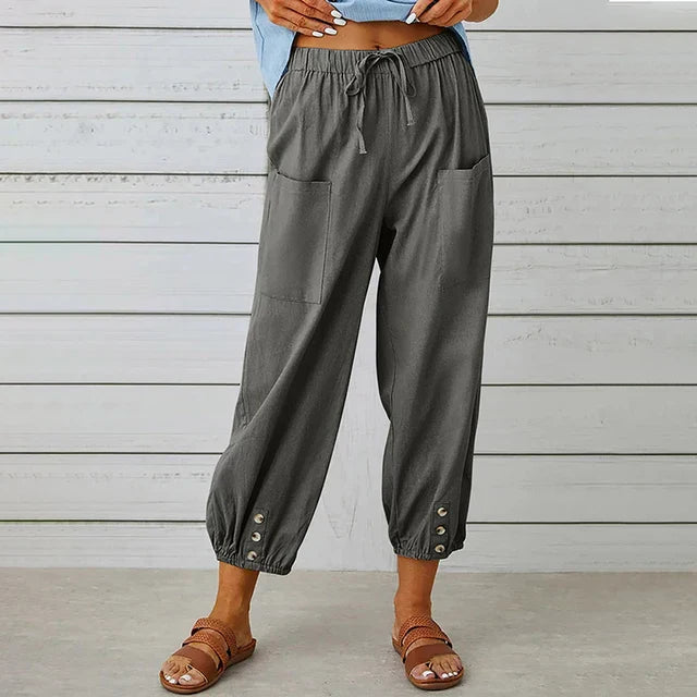 Women's casual pants – Loose fit – Breathable fabric – Elastic waist – Buttoned ankles