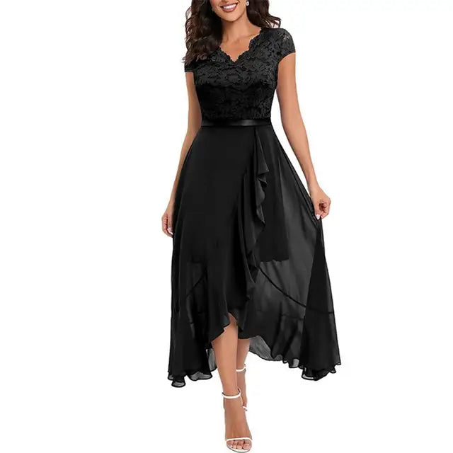 Elegant women's dress – Flared cut – Refined lace – Asymmetrical hem – Flowing ruffle