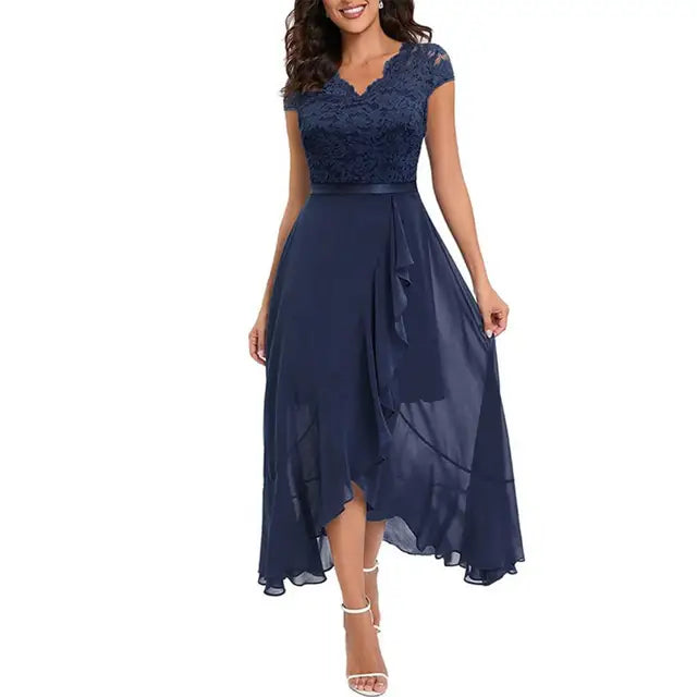 Elegant women's dress – Flared cut – Refined lace – Asymmetrical hem – Flowing ruffle
