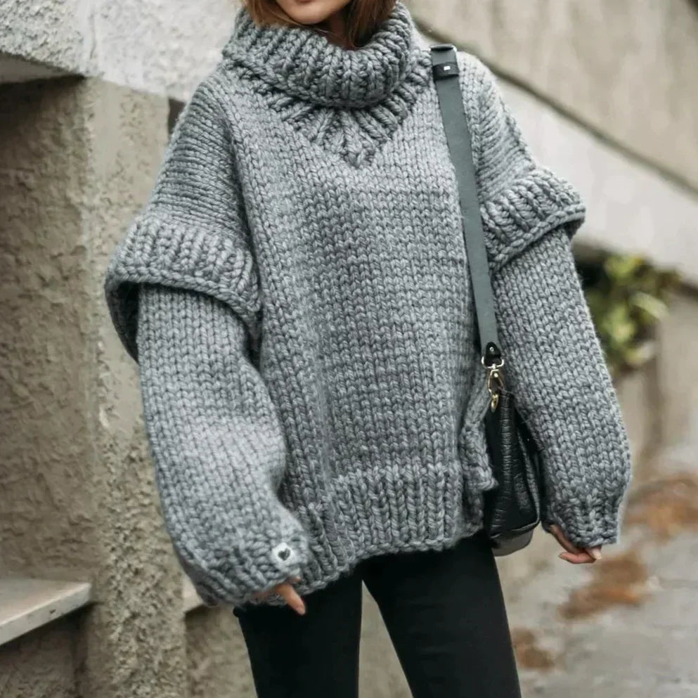 Pull femme à col roulé – Coupe oversize – Maille épaisse – Texture côtelée douce