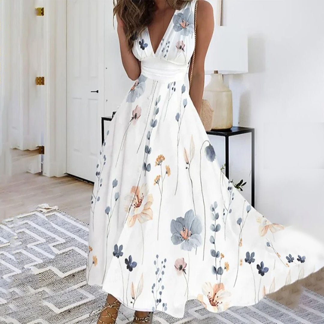 Robe longue femme – Décolleté plongeant – Sans manches – Taille cintrée fluide