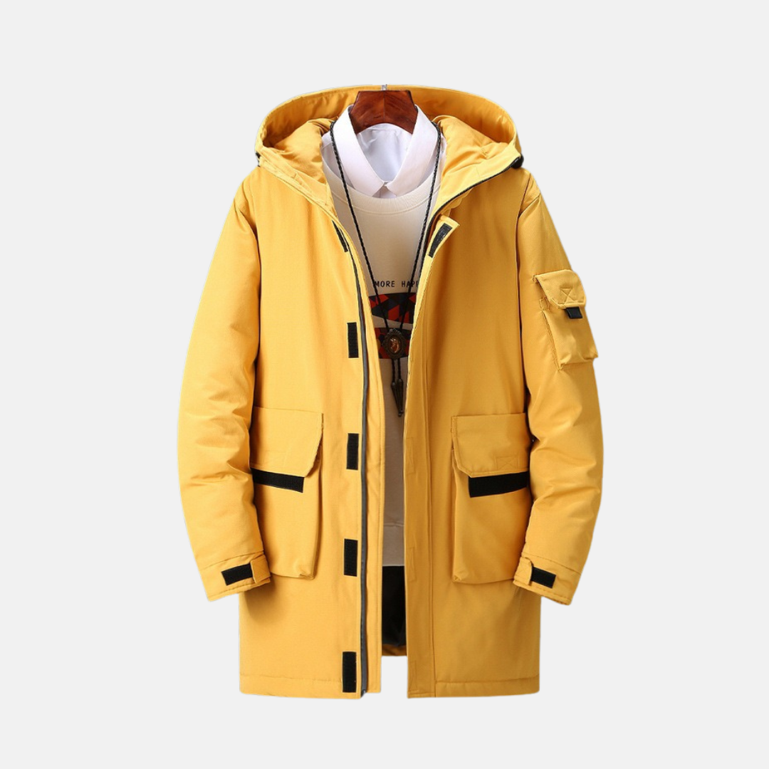 Men's Coat - Durable Woven Fabric - Relaxed Fit - Stand Collar Hood - Mid-Thigh Length