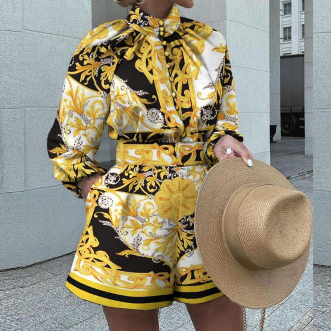 Women's two-piece set – Fitted cut – Luxury Fluid Fabric – Puff sleeves – High collar – Matching shorts