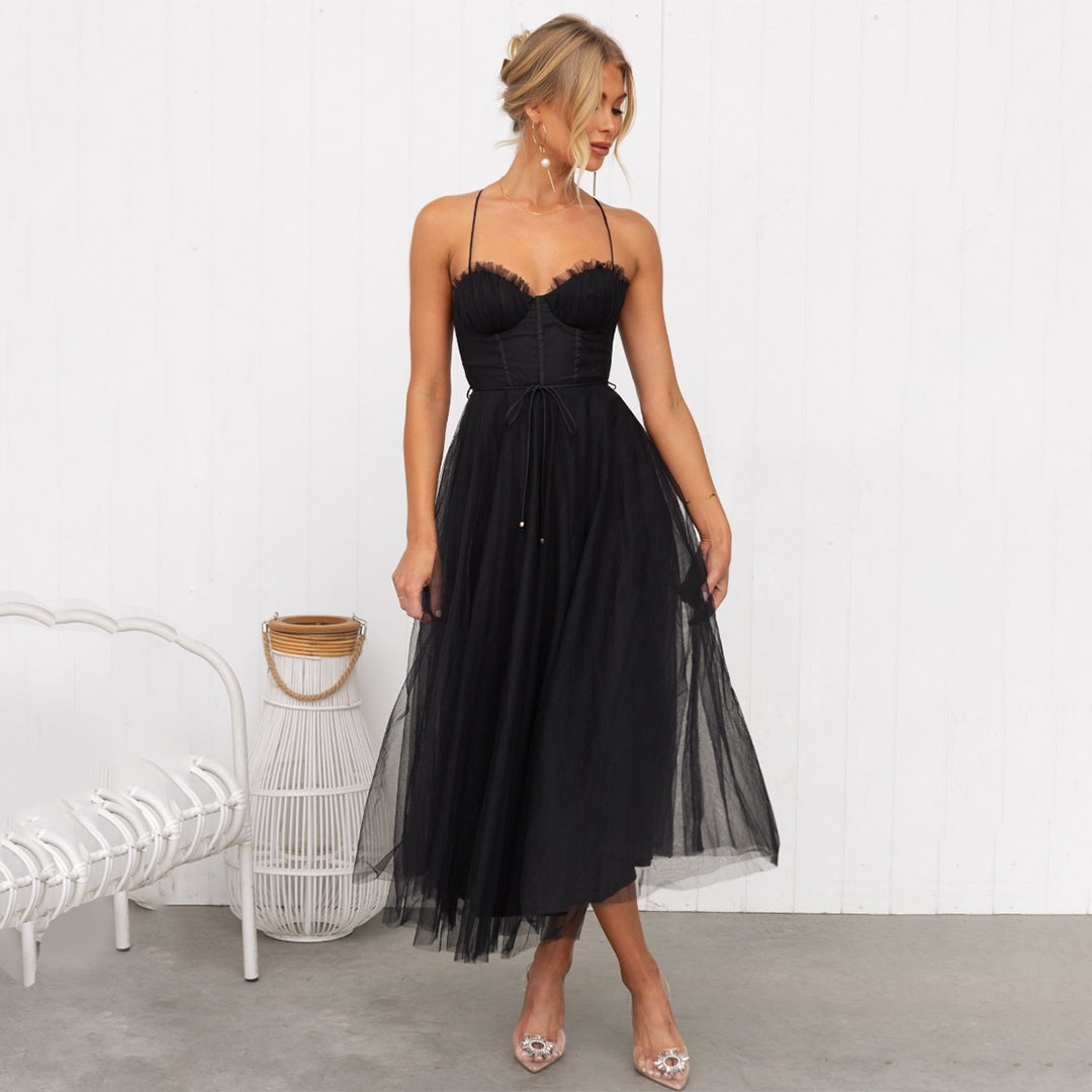 Women's midi dress – Fitted top – Flared skirt – Airy fabric – Thin straps