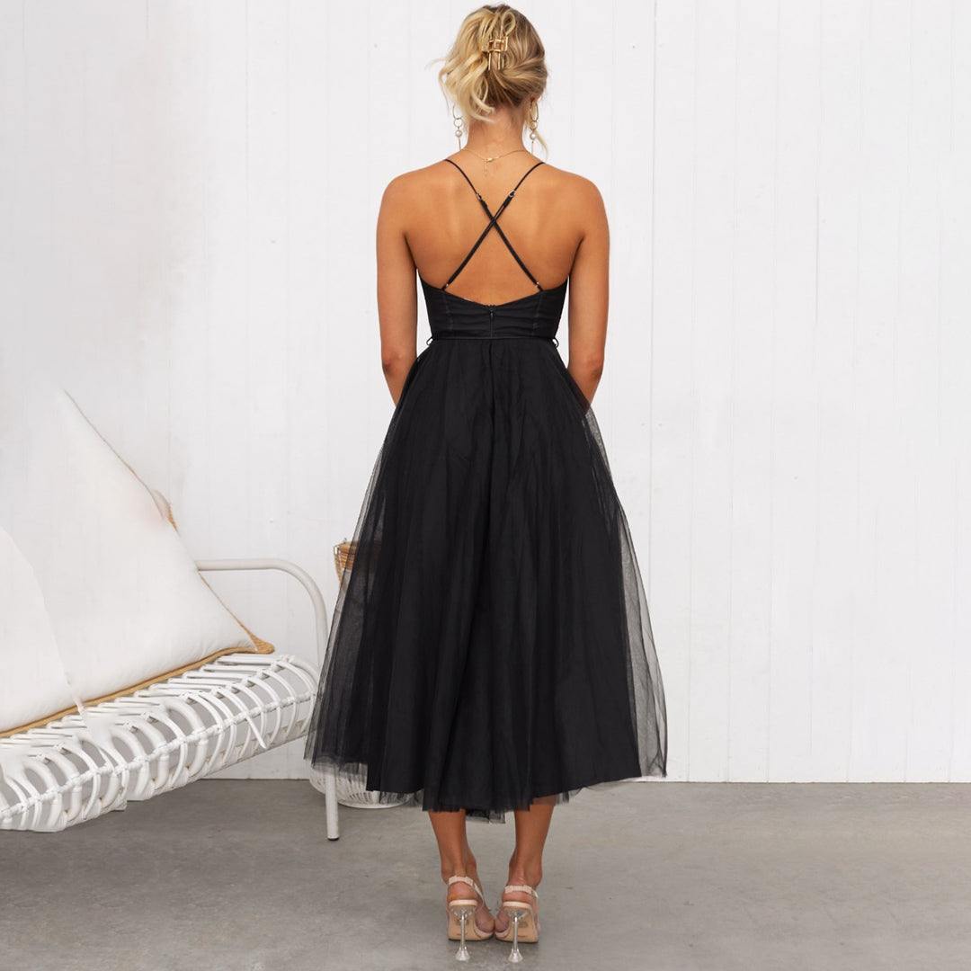 Women's midi dress – Fitted top – Flared skirt – Airy fabric – Thin straps