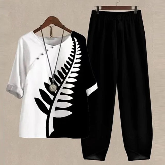 Women's Two-Piece Set – Loose Fit – Breathable Fabric – Short-Sleeve Top & Wide-Leg Pants