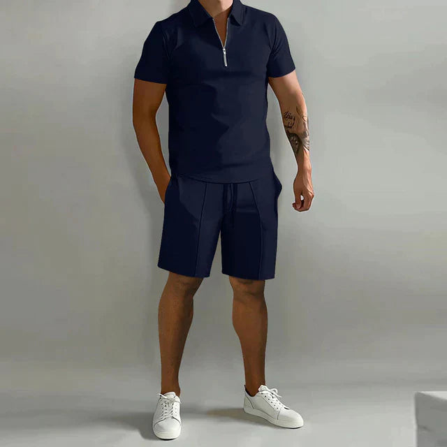 Ensemble Homme Polo et Short – Coupe slim – Tissu respirant – Col zippé – Style décontracté moderne
